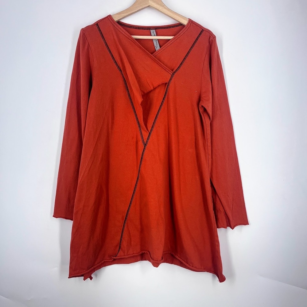 Cynthia Ashby Womens Lagenlook Cotton Wrap Front Tunic Contrast Stitch Top L